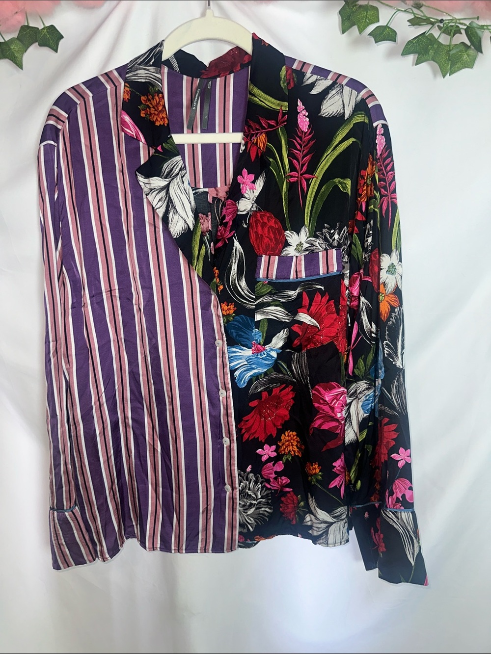 Anthropologie Mixed Floral & Stripe pj top in Black, Purple, Pink